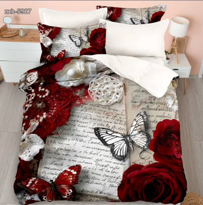 5D Floral Digital Print Bedding Set - Butterfly & Red Rose