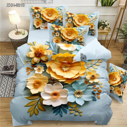 5D Floral Digital Print Bedding Set - Blue & Yellow Flower