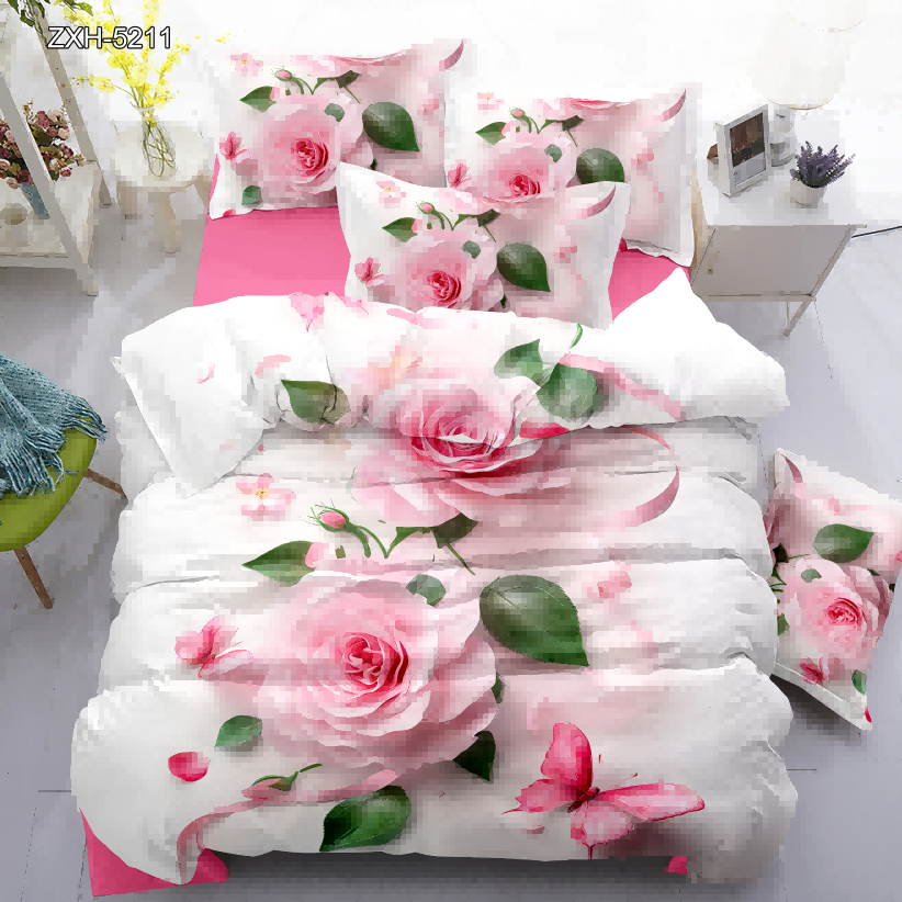 5D Floral Digital Print Bedding Set - Pink Rose & Butterfly