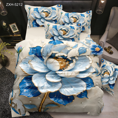 5D Floral Digital Print Bedding Set - Blue & White Lotus