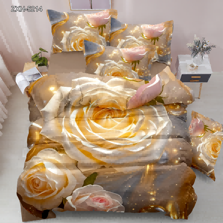 5D Floral Digital Print Bedding Set - Yellow & Pink Rose