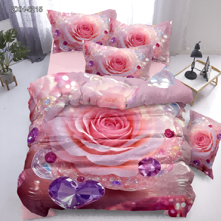 5D Floral Digital Print Bedding Set - Pink Rose & Crystal Accents