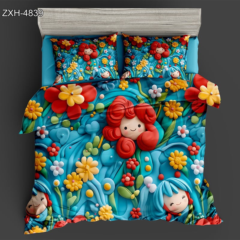 5D Digital Printed Bed sheet set with a Whimsical Floral and Doll Theme