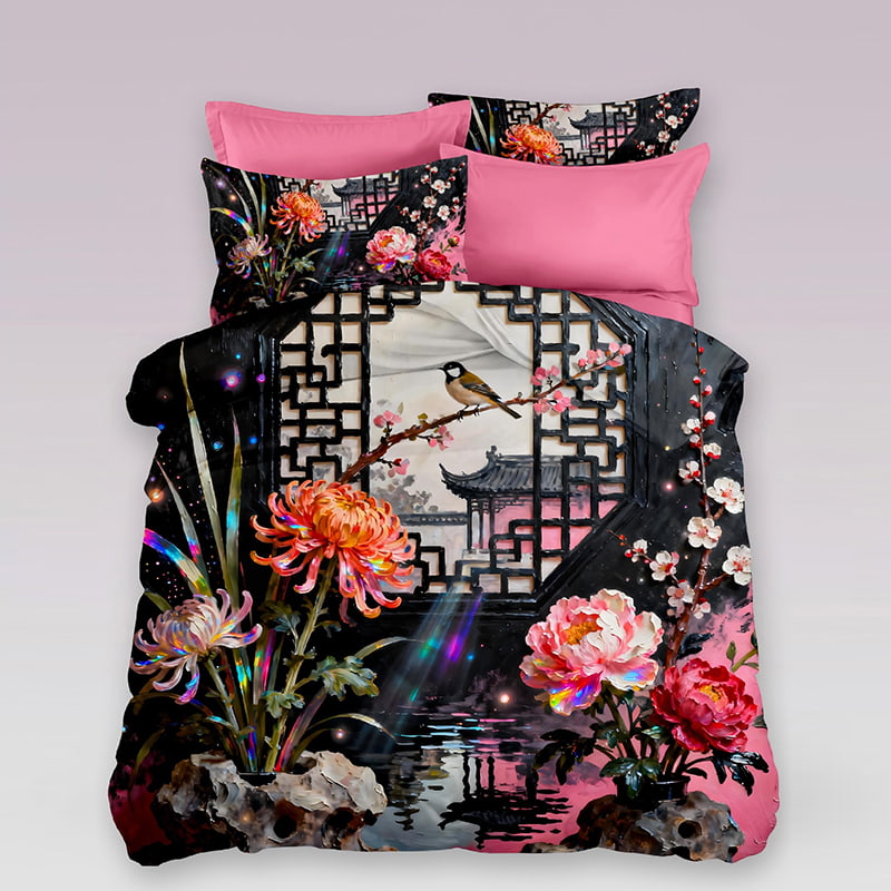5D Oil Painting Style Digital Print Bedding Set - ‌Oriental Serenity