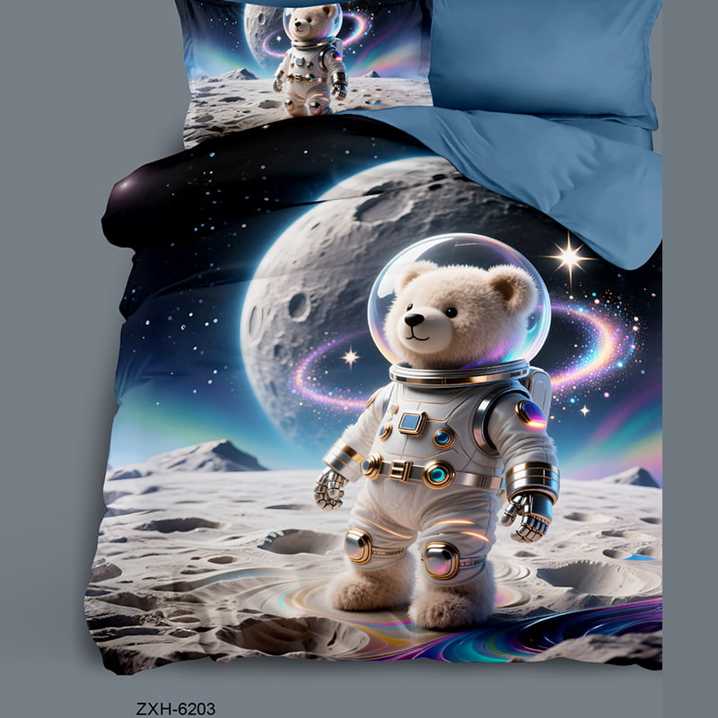 Cartoon 5D Digital Printed Bed sheet set with a Space Teddy Bear Astronaut