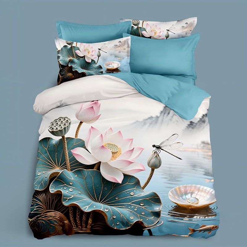 5D Floral Digital Print Bedding Set - ‌Lotus & Dragonfly