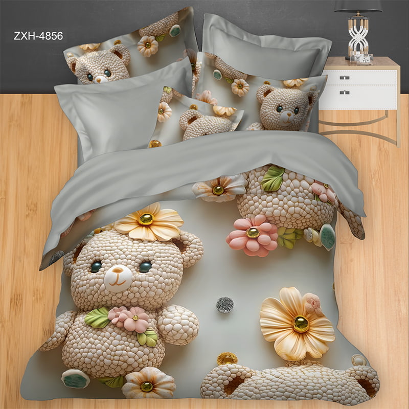 5D Digital Printed Bed sheet set with a Charming Teddy Bear and Floral Theme