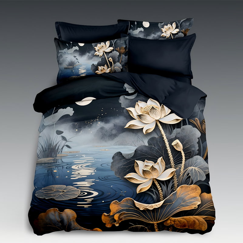 5D Floral Digital Print Bedding Set - ‌Serene Lotus Pond‌