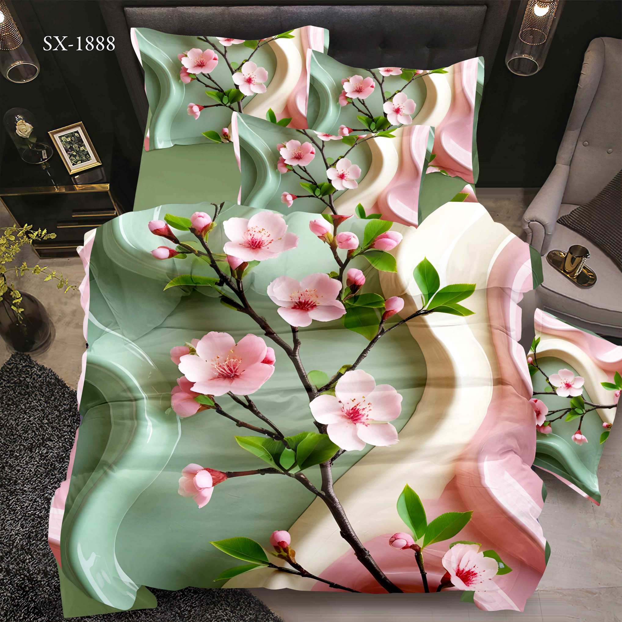 5D Floral Digital Print Bedding Set - ‌Pink Peach Blossom & Serene Floral