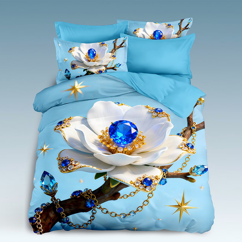 5D Floral Digital Print Bedding Set - ‌Royal Sapphire Blossom