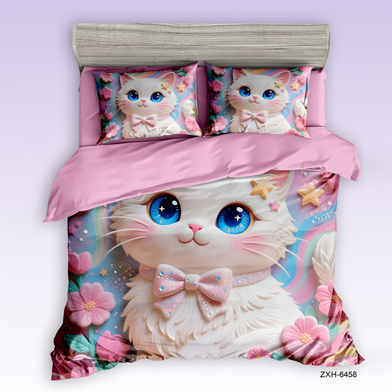 Cartoon 5D Digital Printed Bed sheet set with a Sweet Kitten in Floral Paradise