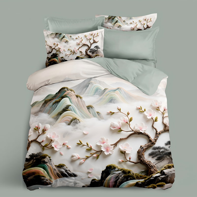 5D Floral Digital Print Bedding Set -Serene Mountain & Blossom