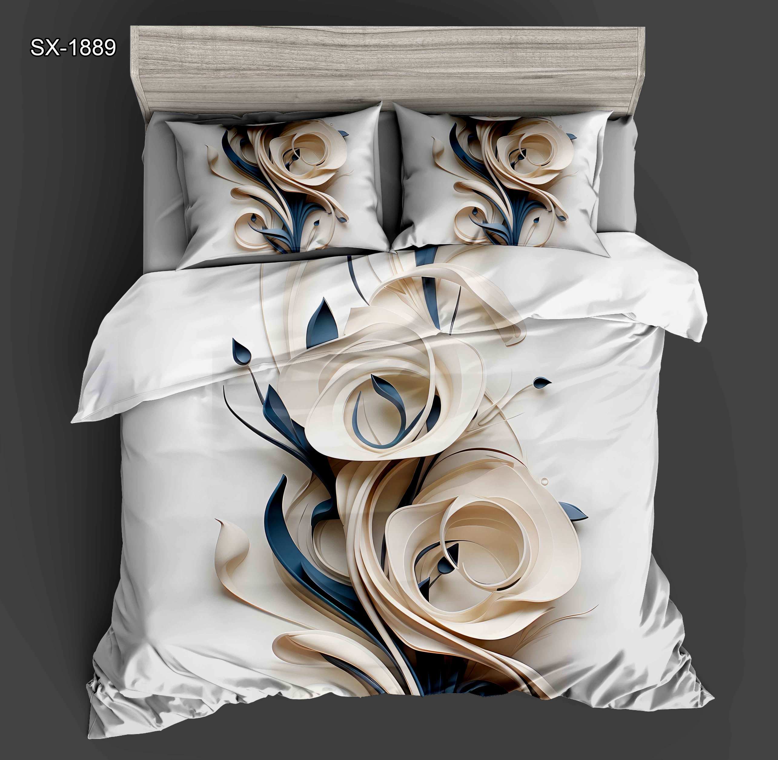 5D Floral Digital Print Bedding Set - ‌Cream & Blue Abstract Floral