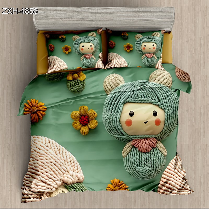 5D Digital Printed Bed sheet set with a Knitted Doll and Floral Theme