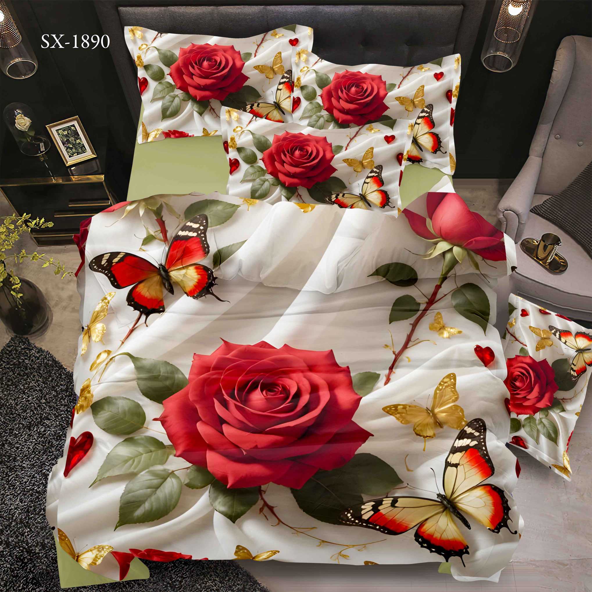 5D Floral Digital Print Bedding Set - ‌Red Rose & Vibrant Butterfly