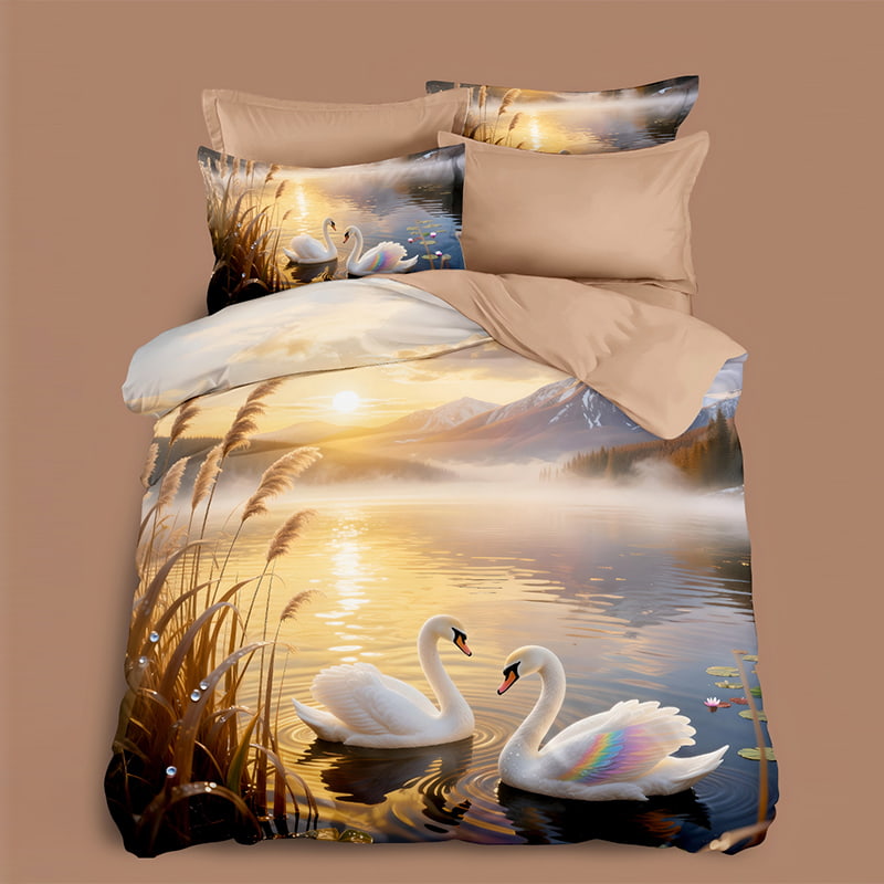 5D Floral Digital Print Bedding Set -Serene Lake & Swan
