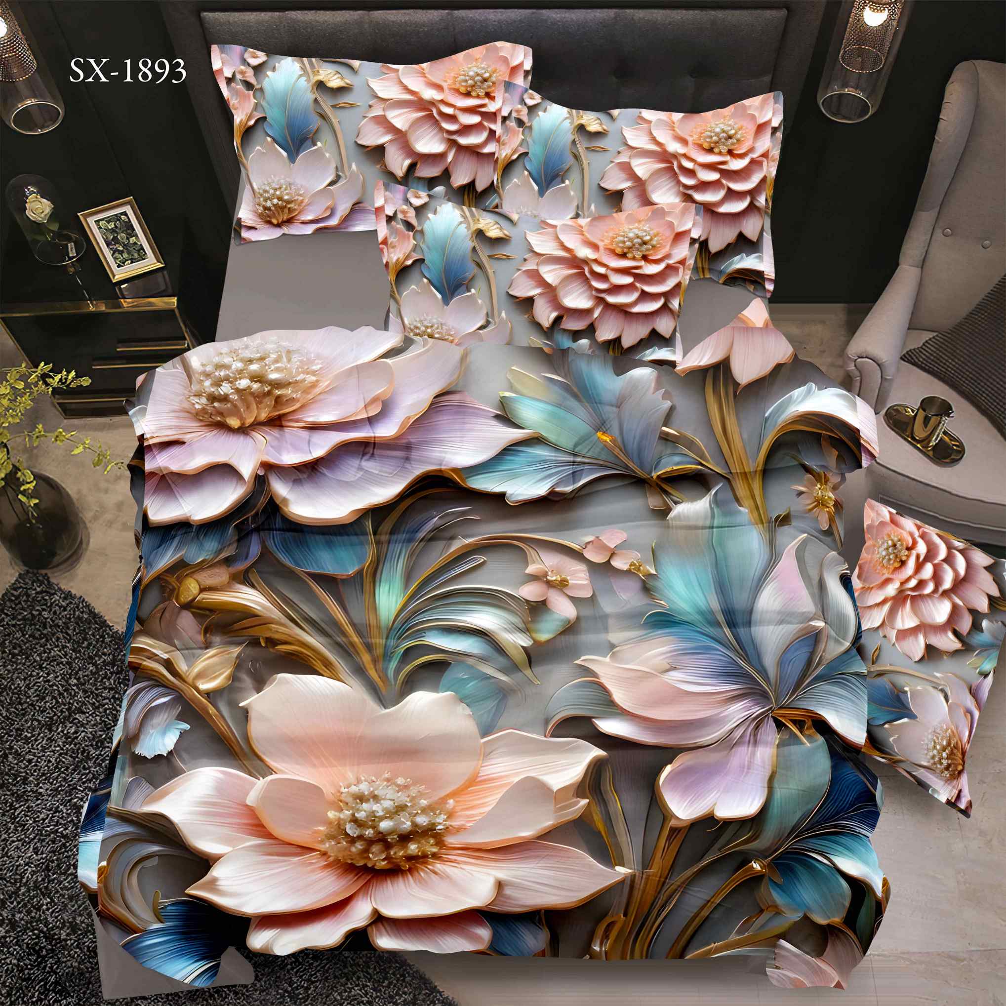 5D Floral Digital Print Bedding Set - ‌Pastel Floral & Pearl Accents