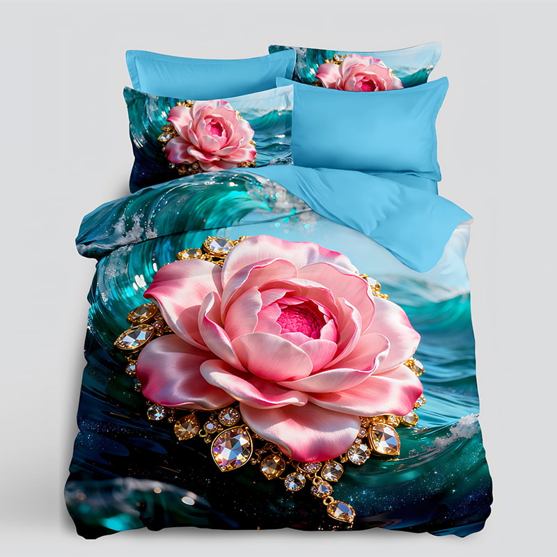 5D Floral Digital Print Bedding Set - ‌Radiant Rose & Ocean Dream