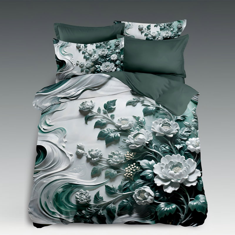 5D Floral Digital Print Bedding Set - ‌Serene White & Teal Garden‌
