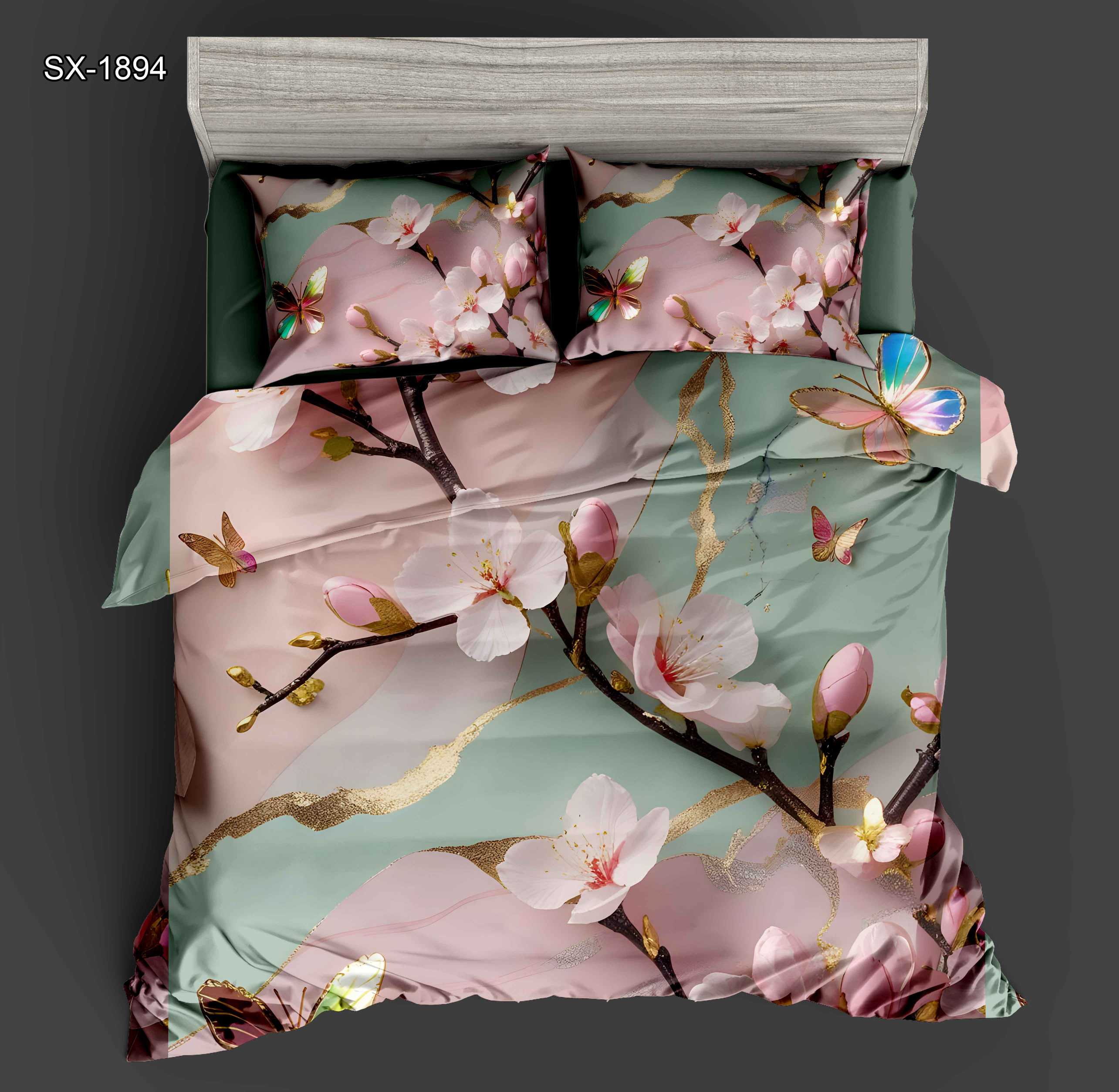 5D Floral Digital Print Bedding Set - ‌Pink Blossoms & Colorful Butterflies