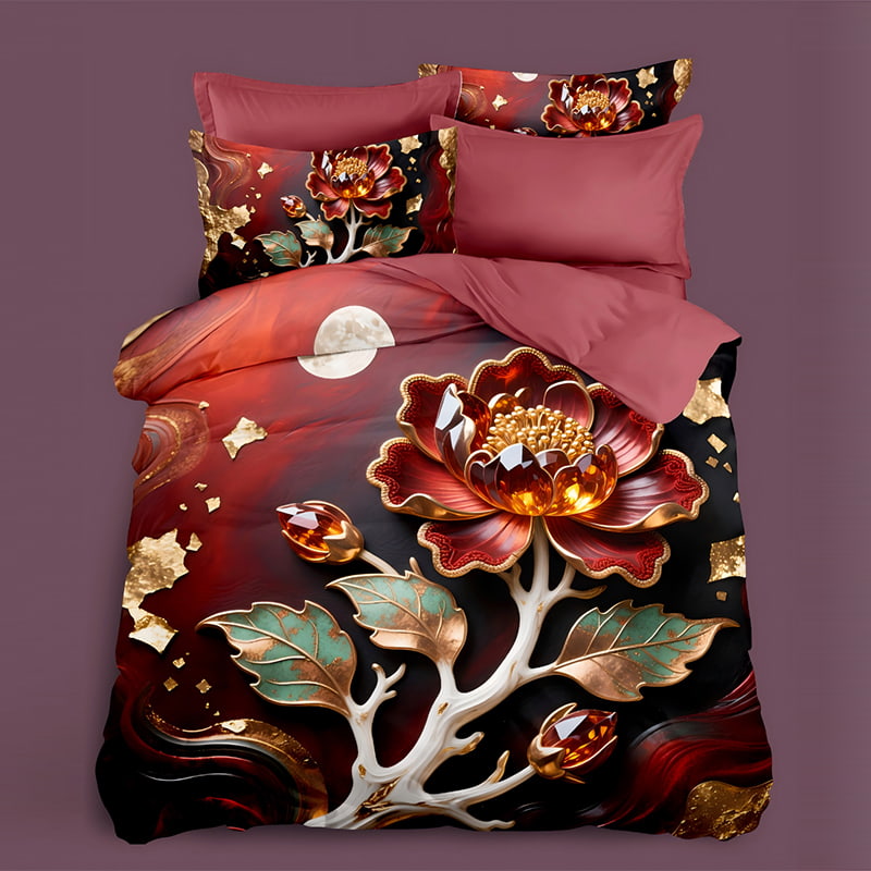 5D Floral Digital Print Bedding Set -Luxurious Red Lotus