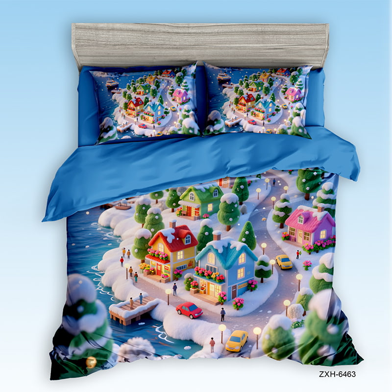 Cartoon 5D Digital Printed Bed sheet set with a Miniature Winter Village by the Sea