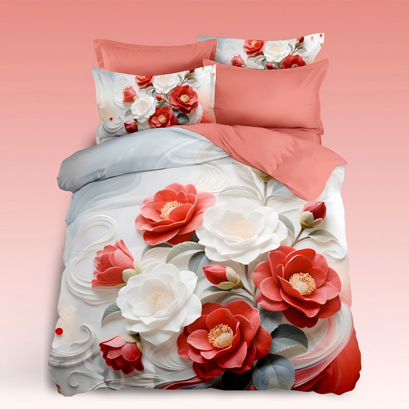 5D Floral Digital Print Bedding Set - ‌Vibrant Red & White Rose Garden‌