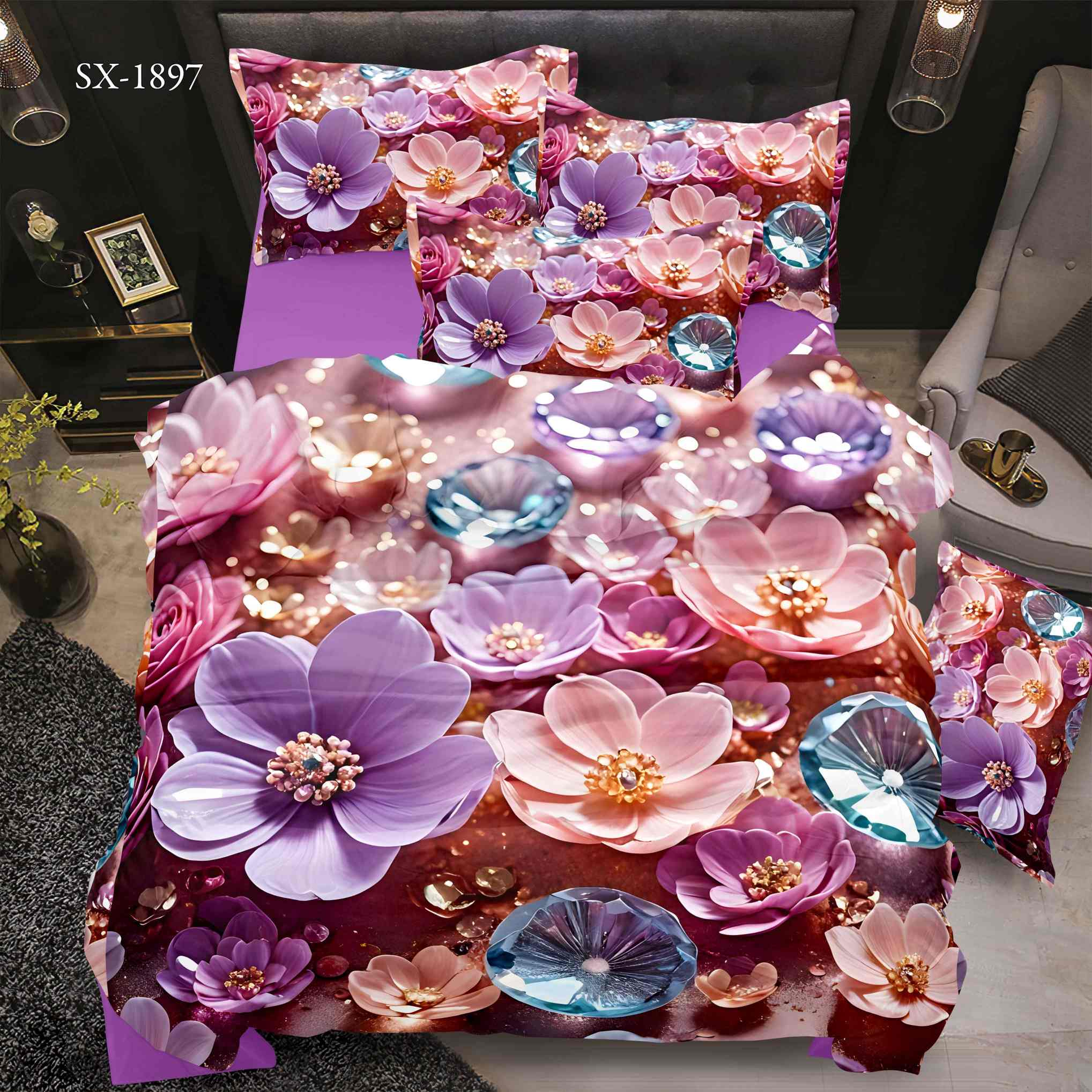 5D Floral Digital Print Bedding Set - ‌Luxurious Floral & Crystal Accents