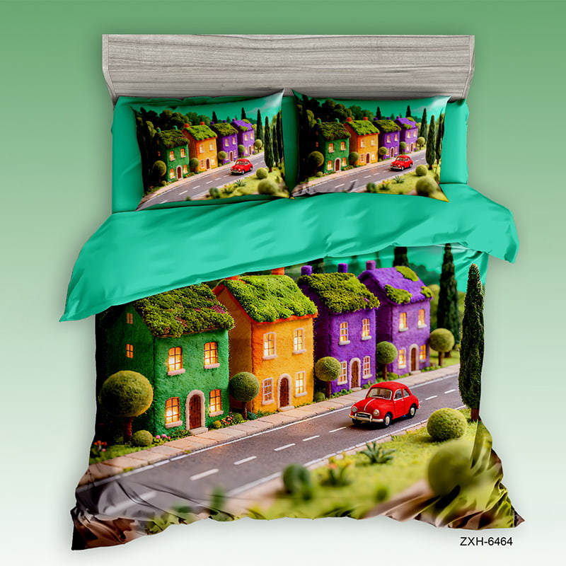 Cartoon 5D Digital Printed Bed sheet set with a Colorful Village Street Scene