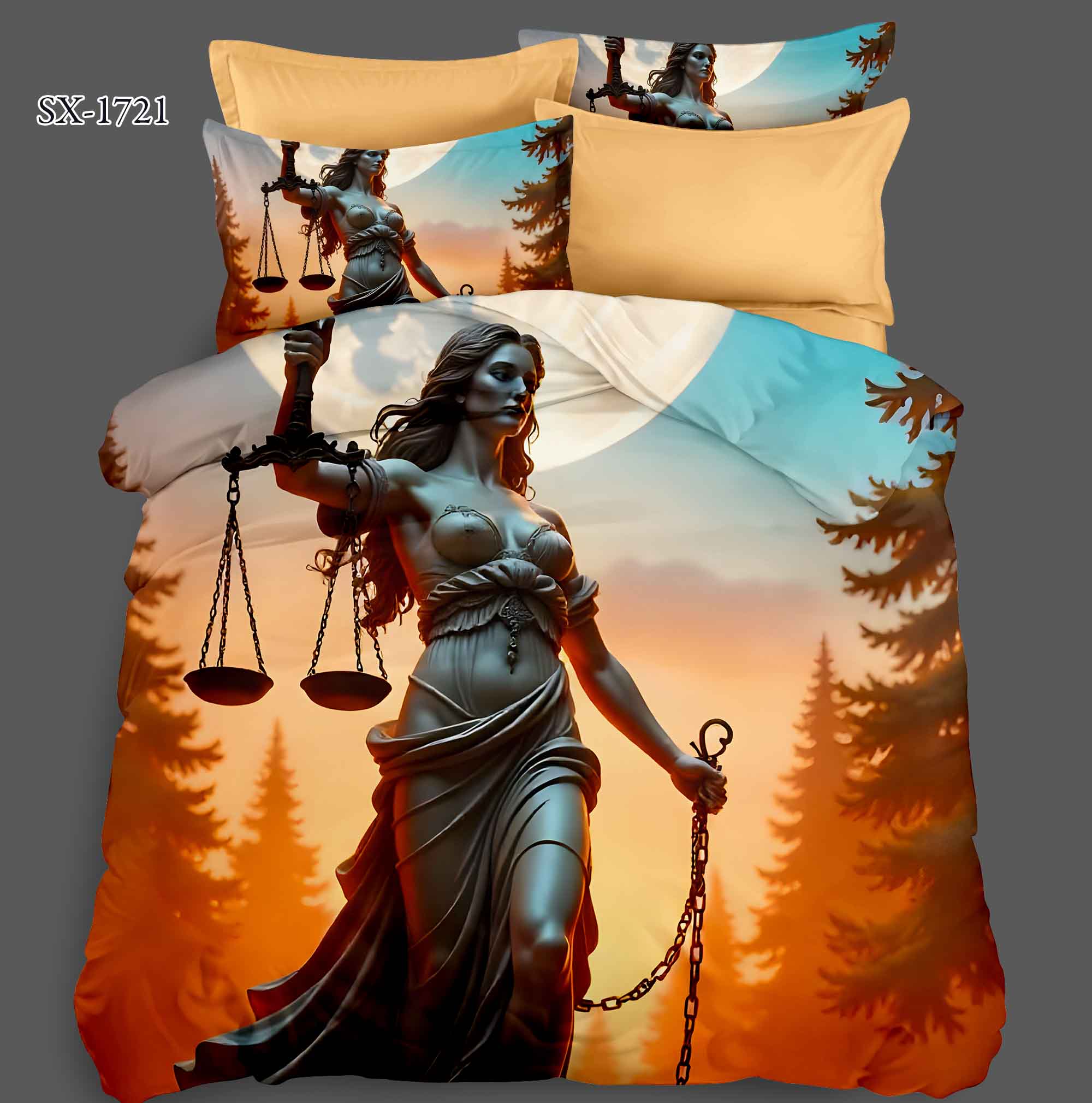 Cartoon 5D Digital Printed Bed sheet set with Statue of Justice in Sunset Forest