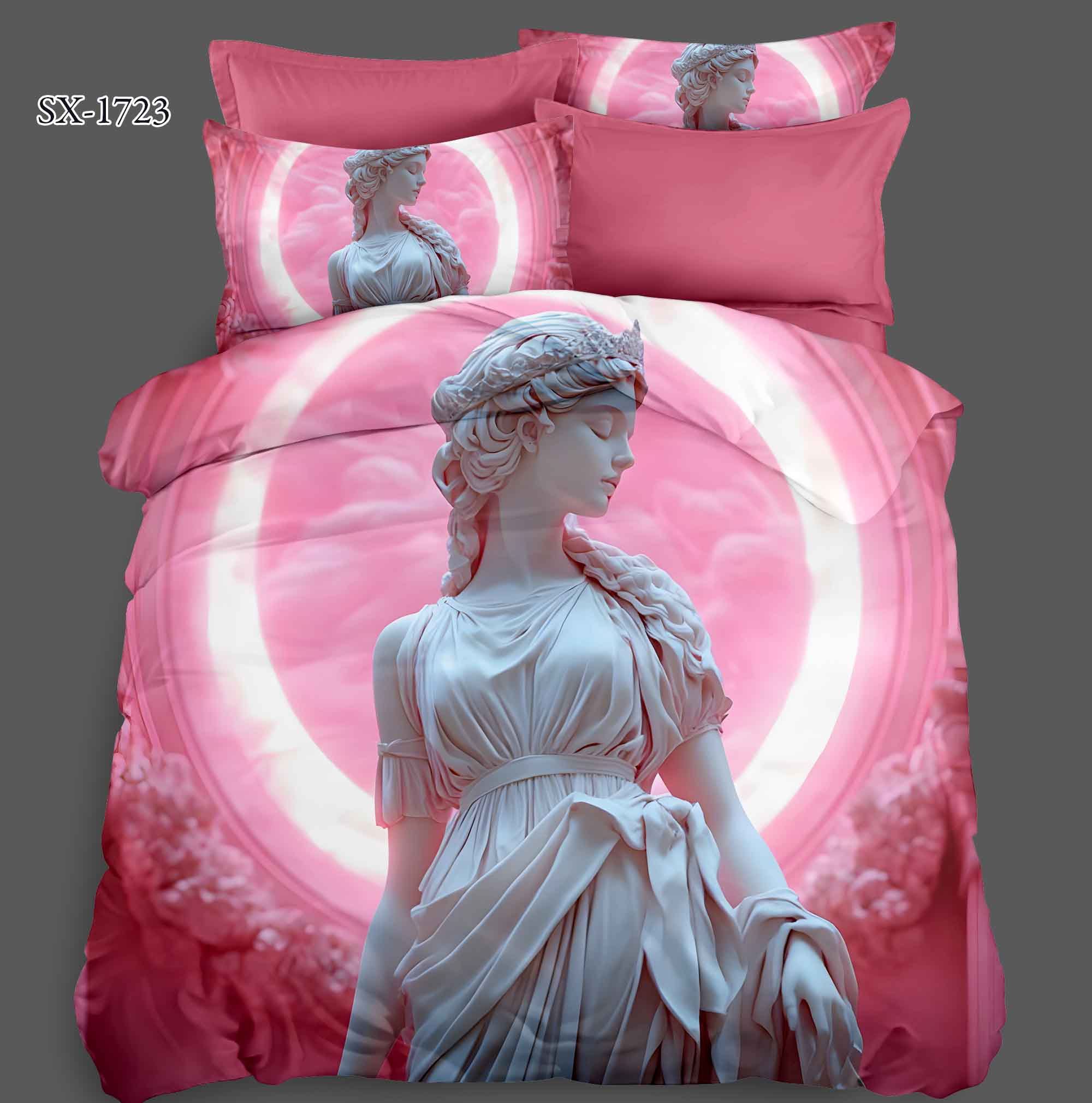  Cartoon 5D Digital Printed Bed sheet set with Classical Statue and Pink Halo