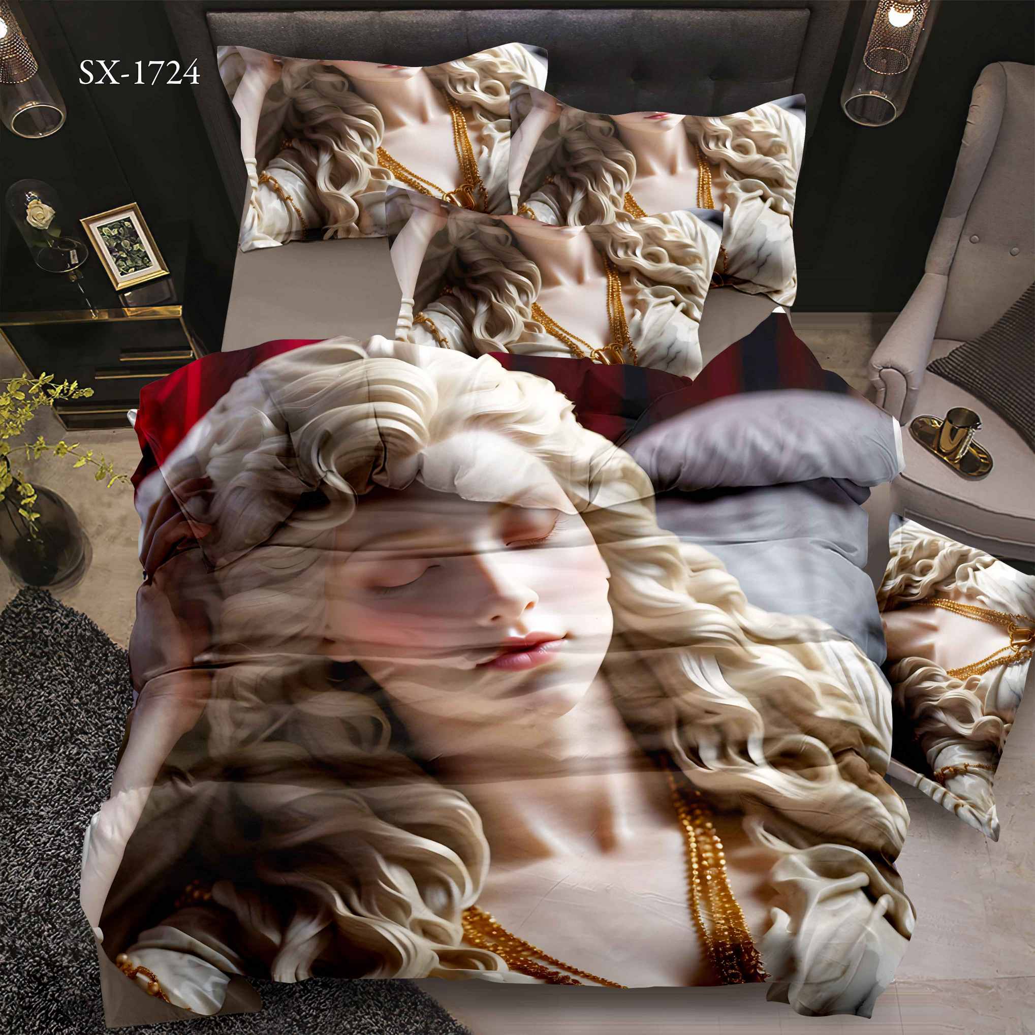 SX-1724 Cartoon 5D Digital Printed Bed sheet set with Classical Sculpture and Gold Accessories