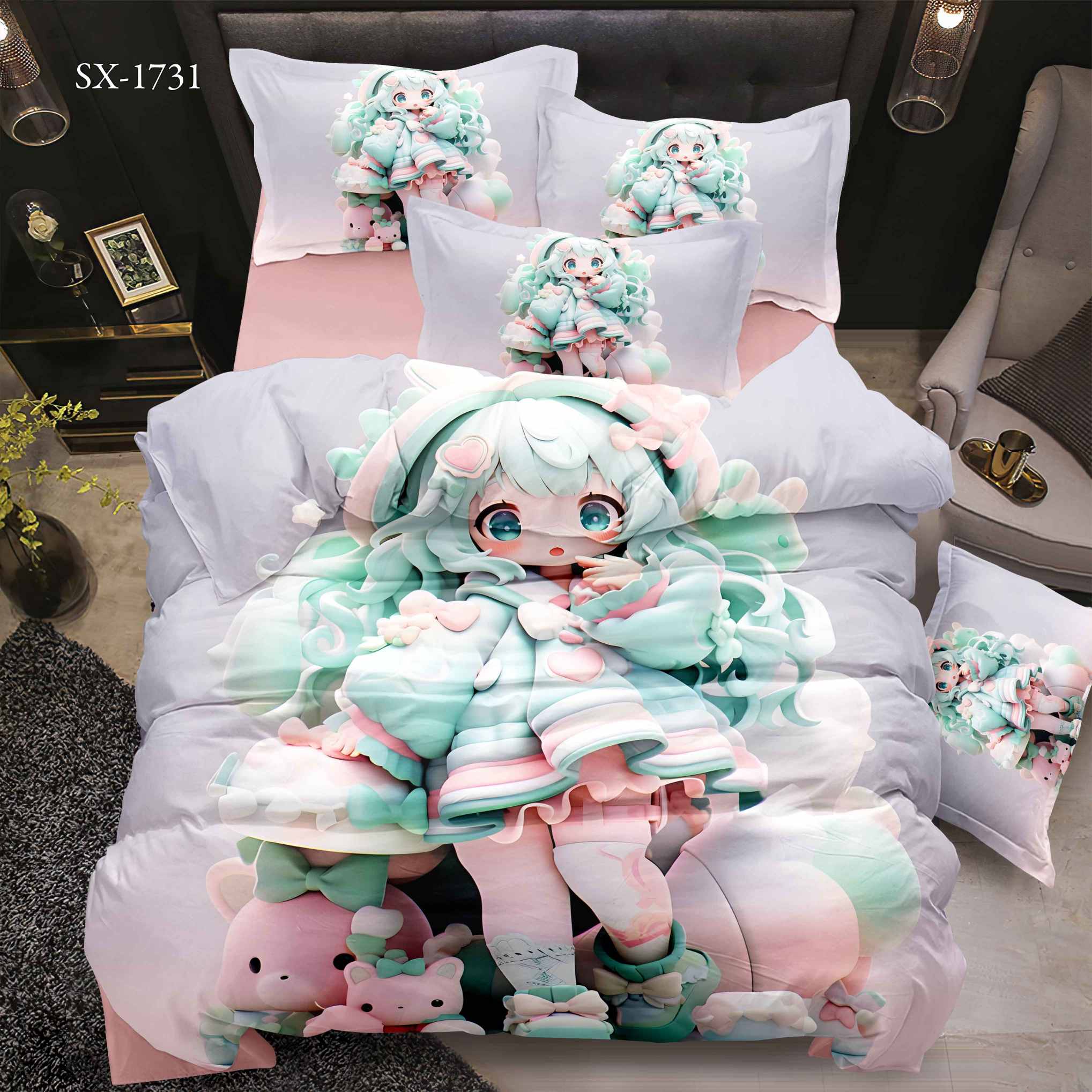 Cartoon 5D Digital Printed Bed sheet set with Anime Girl and Plush Toys