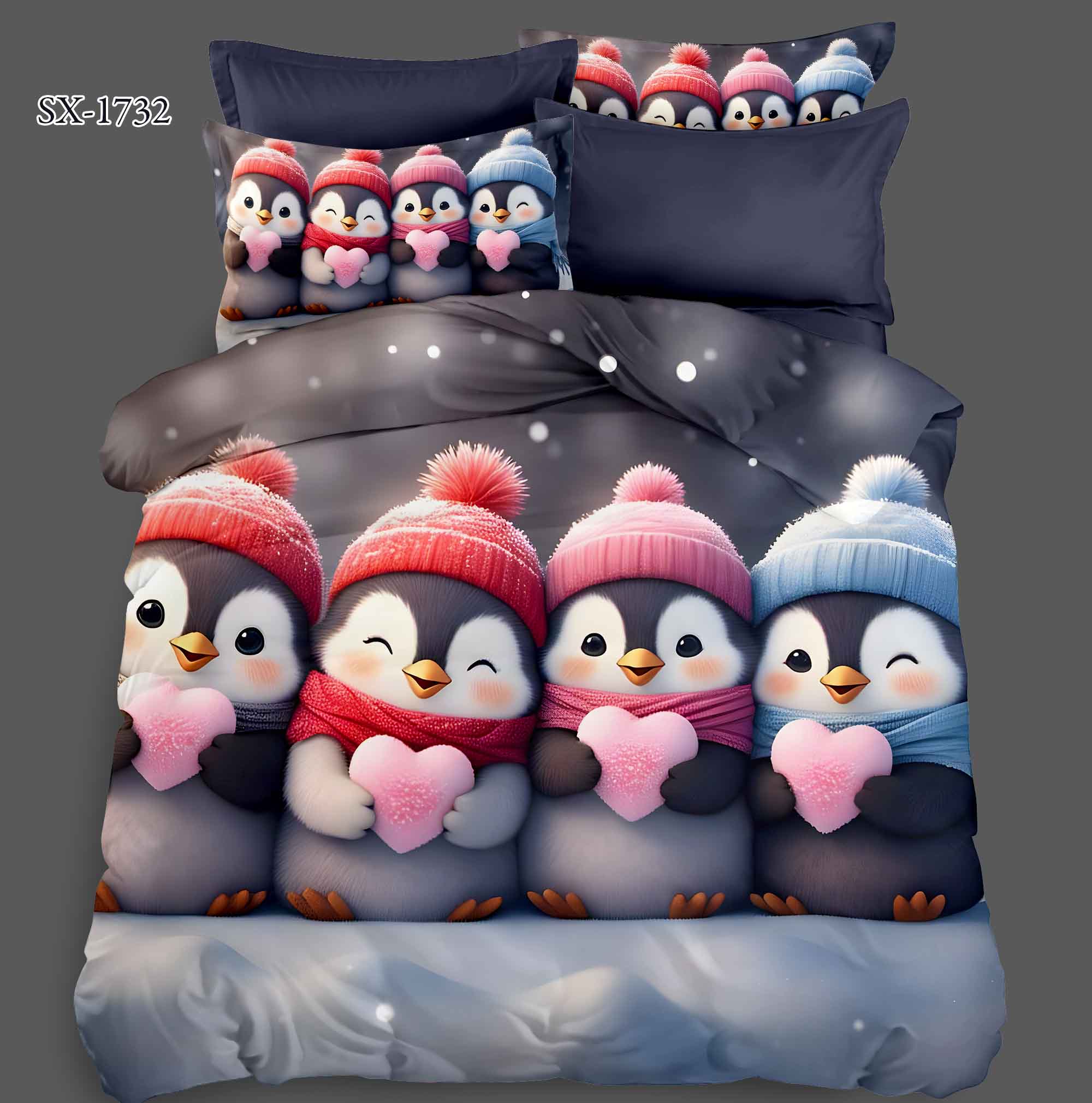 Cartoon 5D Digital Printed Bed sheet set with Cute Penguins in Winter