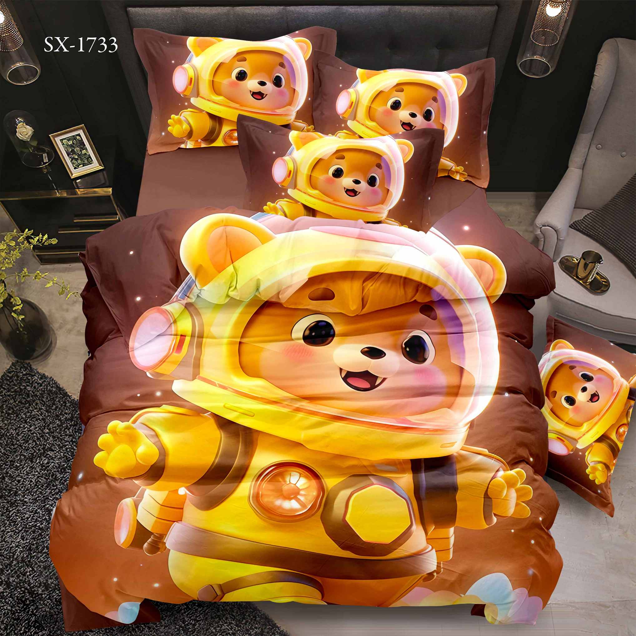 Cartoon 5D Digital Printed Bed sheet set with Bear Astronauts in Space