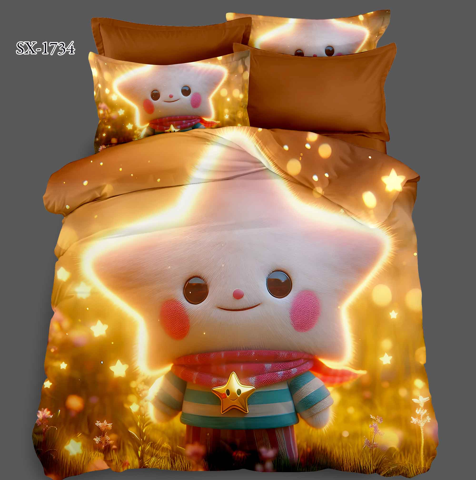 Cartoon 5D Digital Printed Bed sheet set with Glowing Star Character