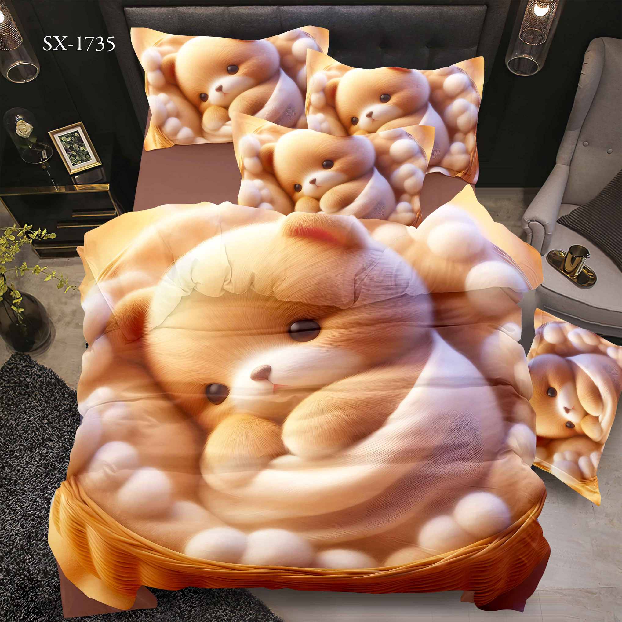 Cartoon 5D Digital Printed Bed sheet set with Fluffy Puppy in Cozy Nest