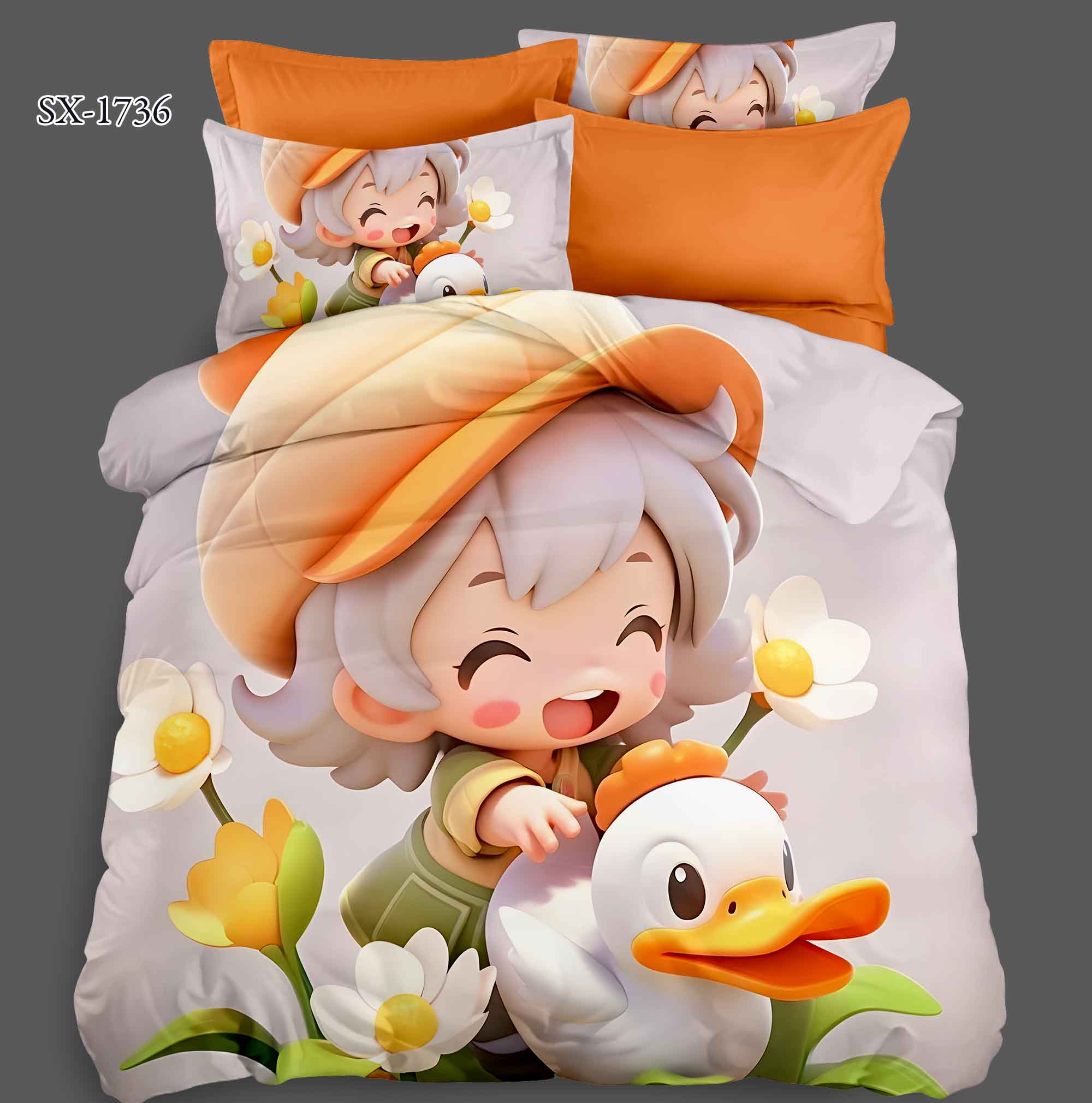 SX-1736 Cartoon 5D Digital Printed Bed sheet set with Child and Duckling in Blooming Meadow