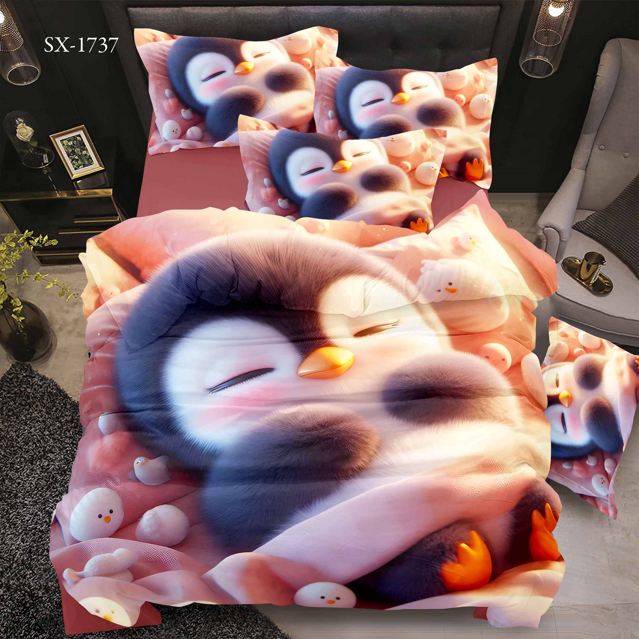 Cartoon 5D Digital Printed Bed sheet set with Sleeping Penguin and Snowballs