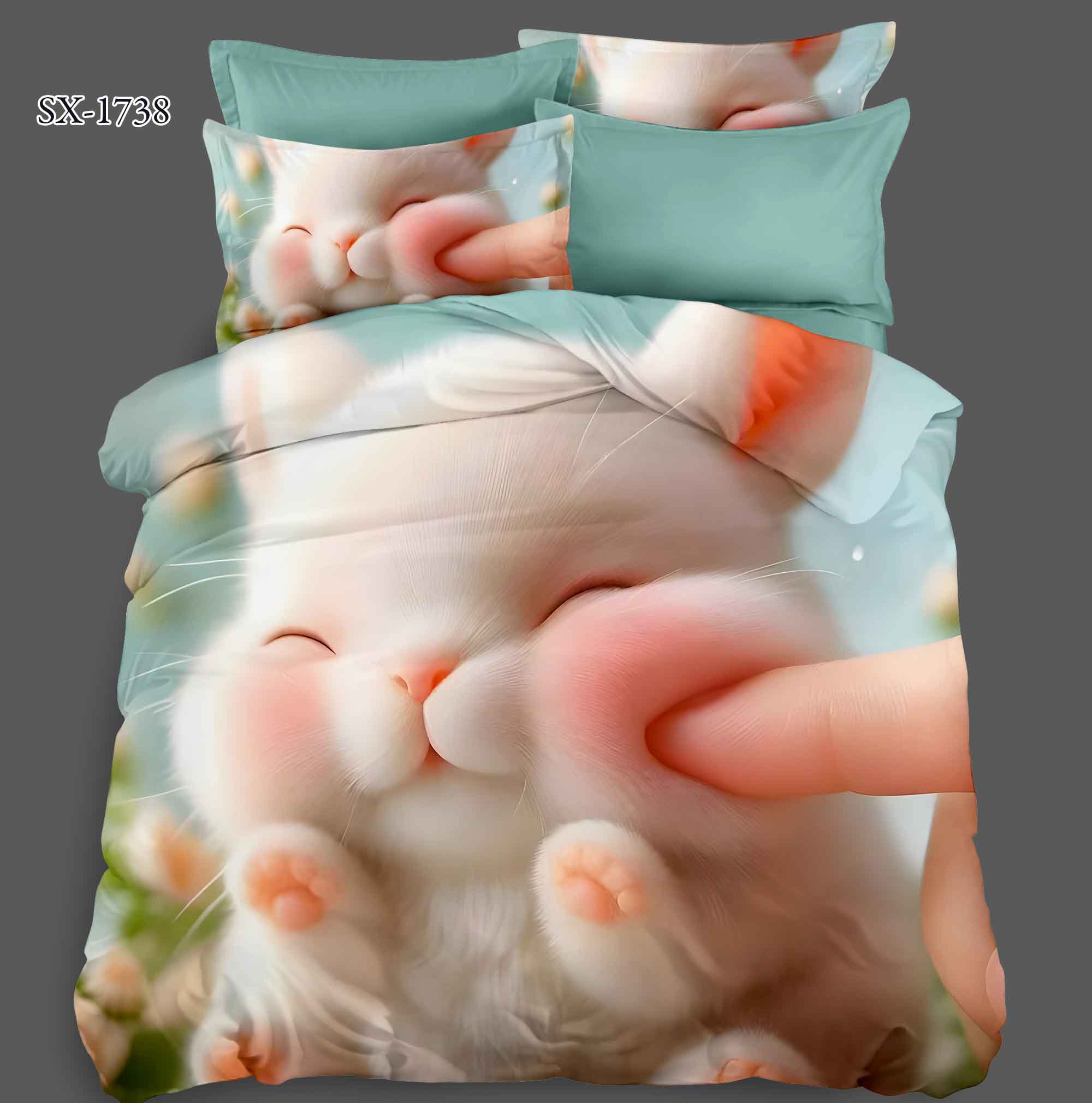 Cartoon 5D Digital Printed Bed sheet set with Cute White Kitten