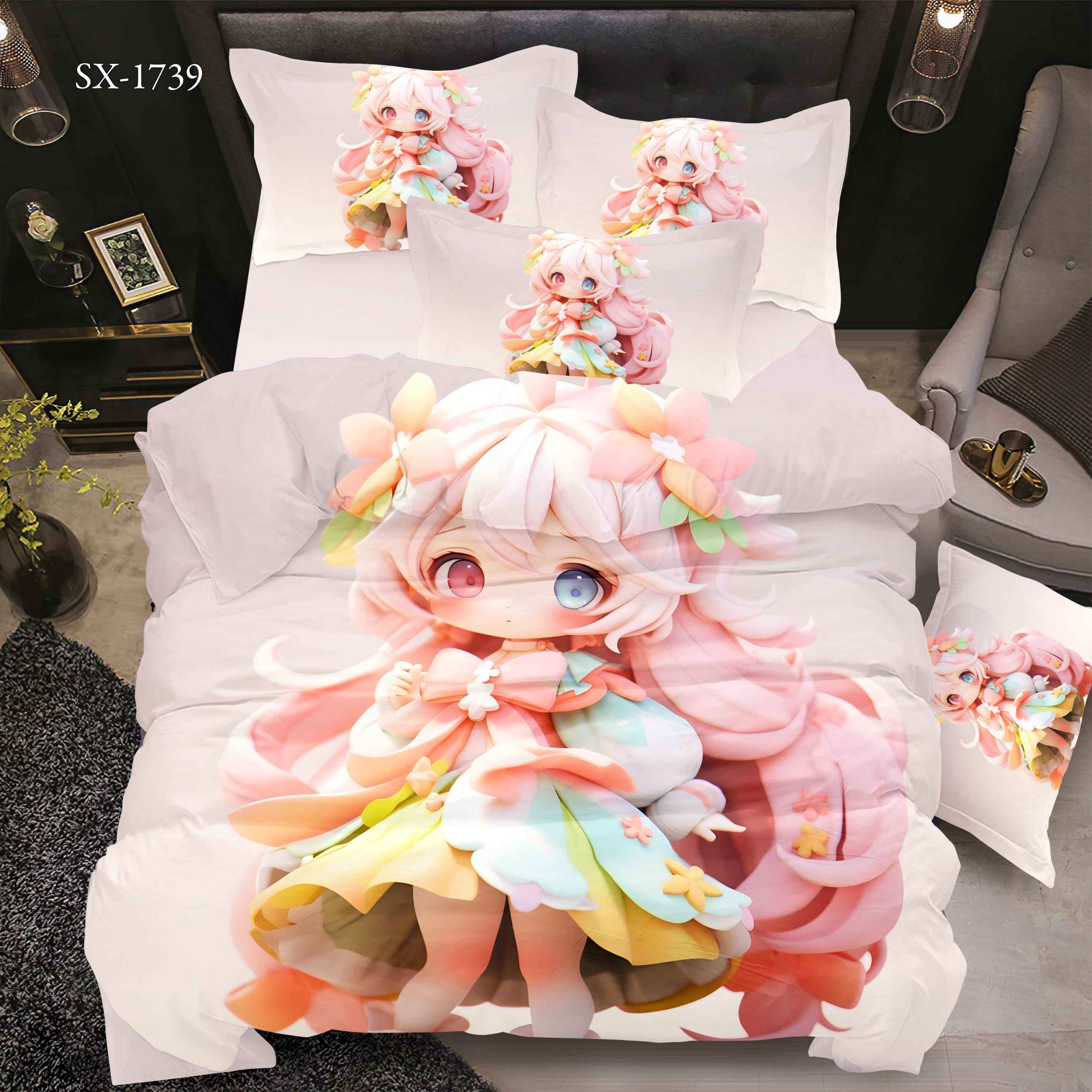 Cartoon 5D Digital Printed Bed sheet set with Fantasy Girl with Pink Hair and Flowers