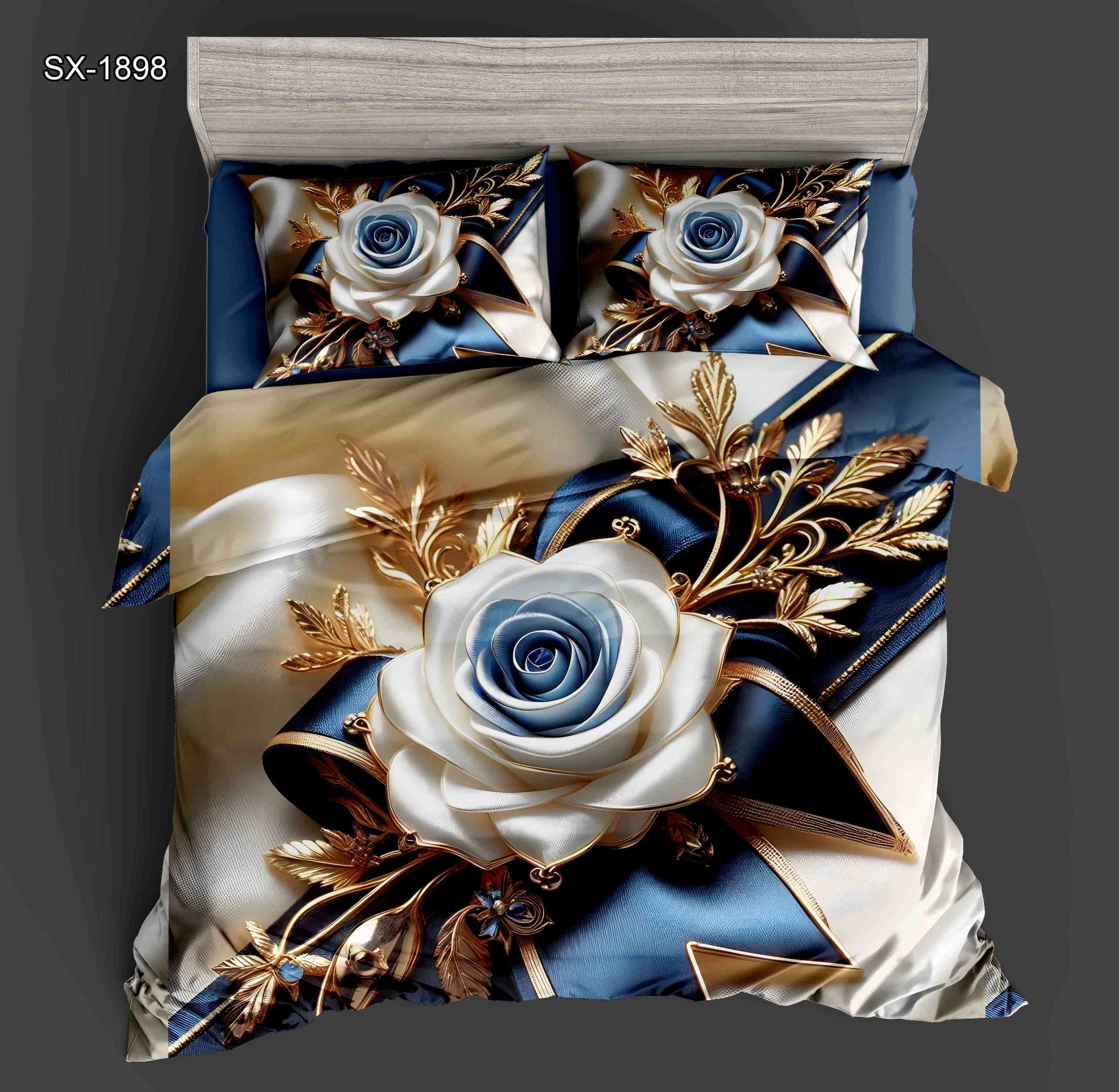 5D Floral Digital Print Bedding Set - ‌Luxurious Blue & Gold Rose
