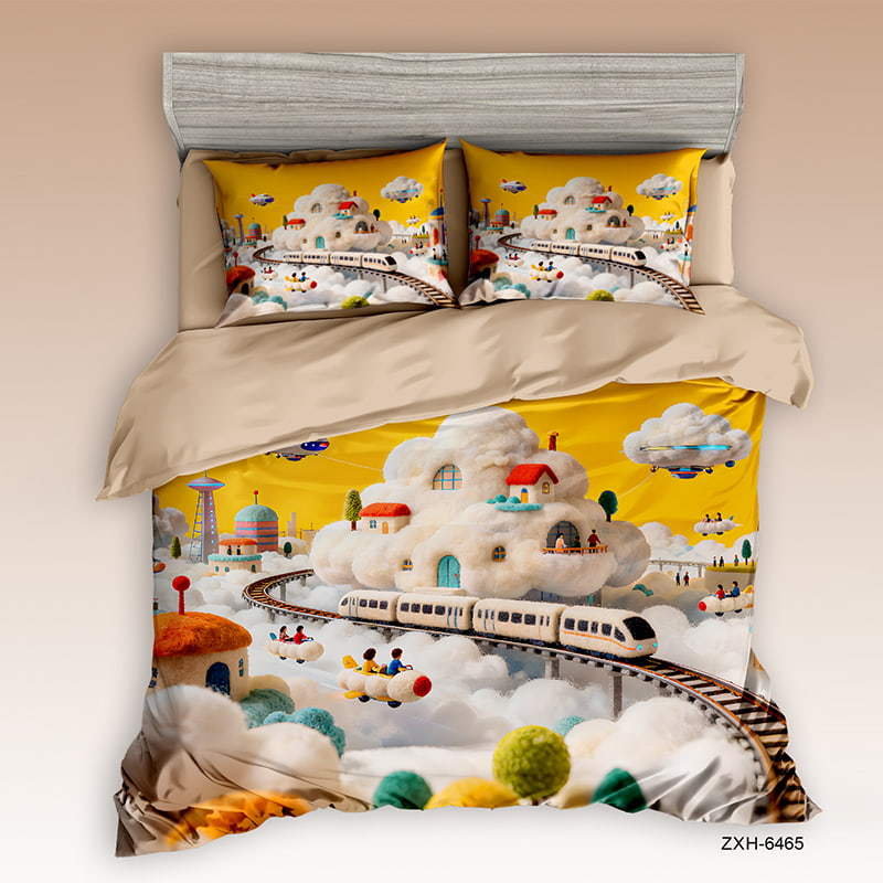 Cartoon 5D Digital Printed Bed sheet set with a Fantasy Sky Train in Cloud City