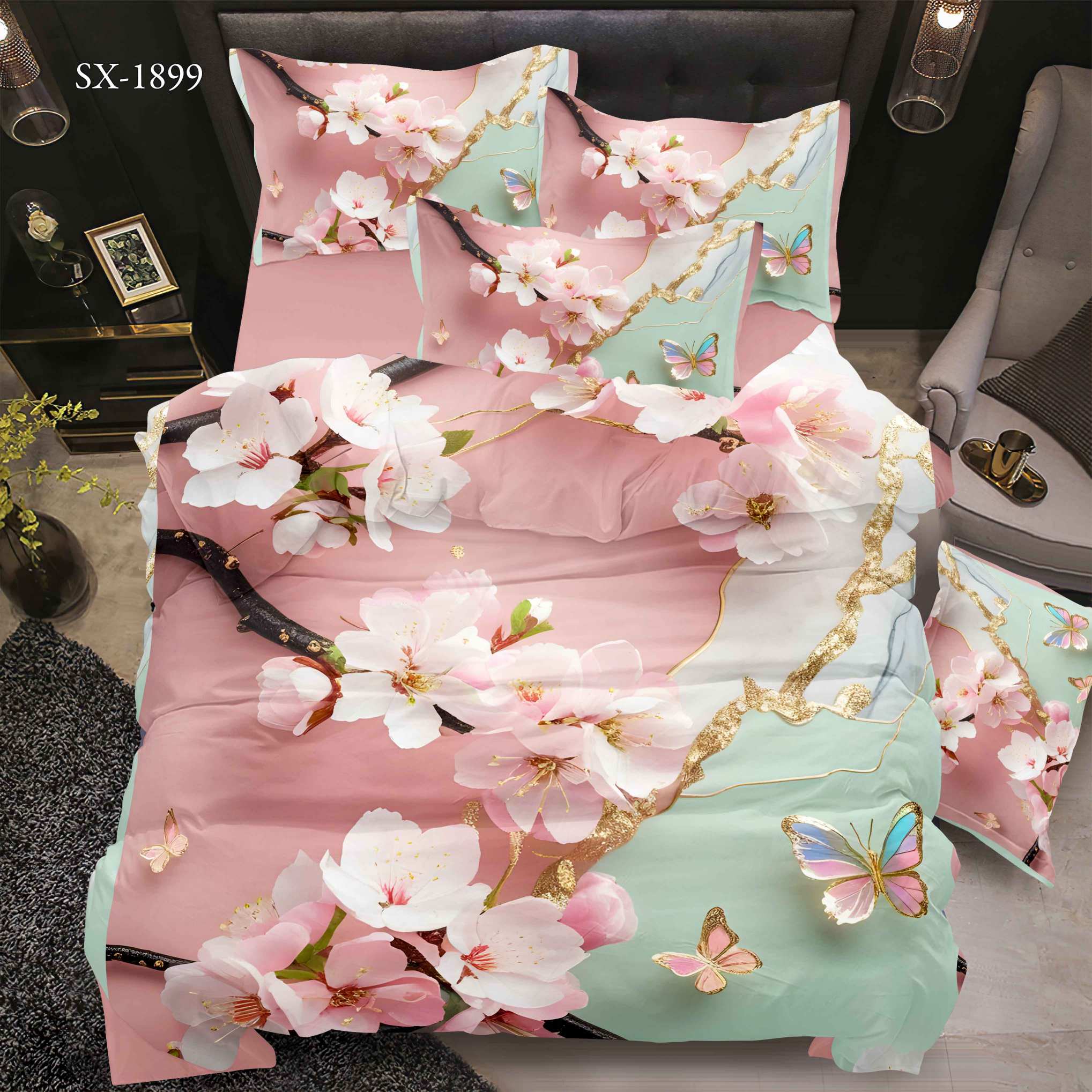 5D Floral Digital Print Bedding Set - ‌Pastel Blossom & Butterfly