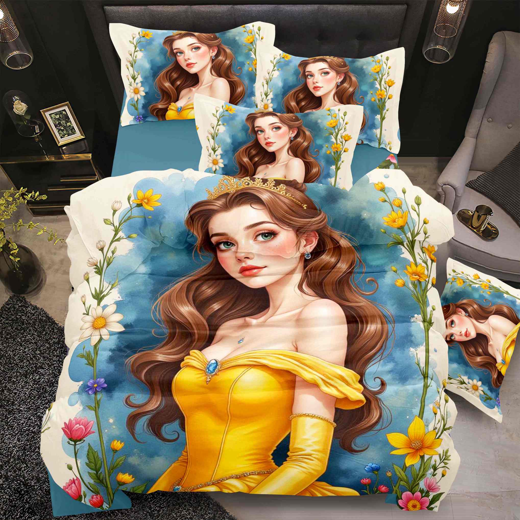 Cartoon 5D Digital Printed Bed sheet set with Princess in Yellow Gown