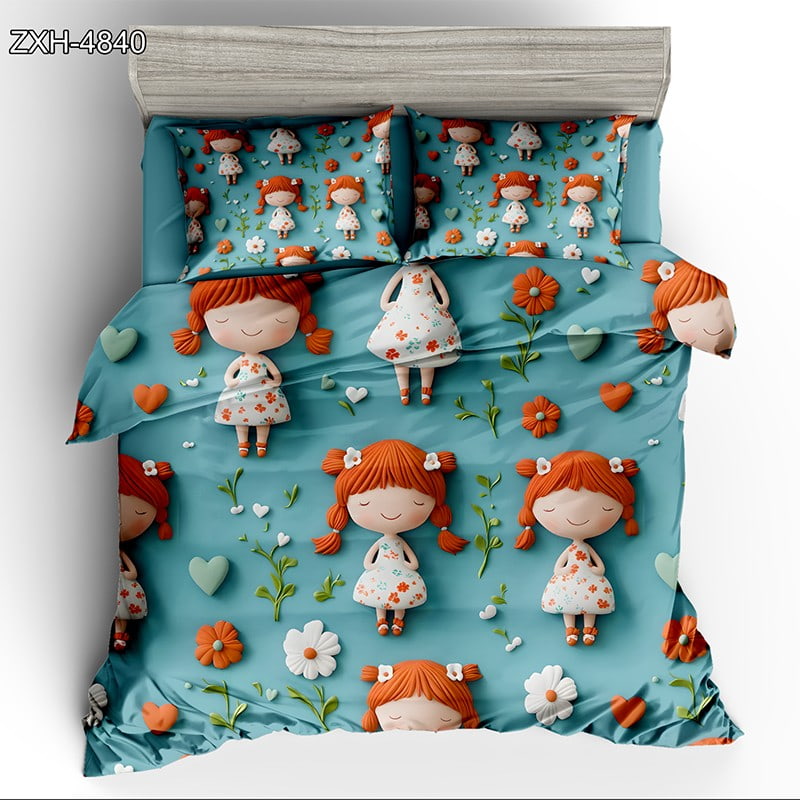 5D Digital Printed Bed sheet set with a Charming Red-Haired Doll and Floral Theme
