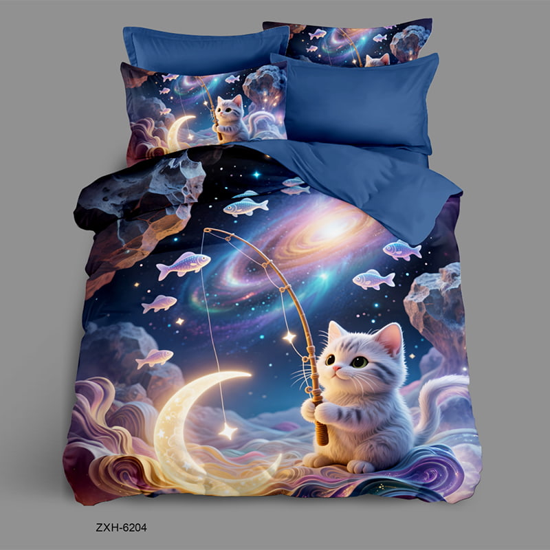 Cartoon 5D Digital Printed Bed sheet set with a Cosmic Kitten Fishing in Space