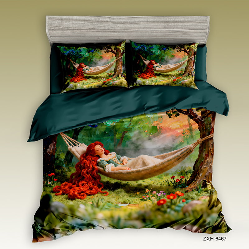 Cartoon 5D Digital Printed Bed sheet set with a Forest Maiden Resting in Hammock