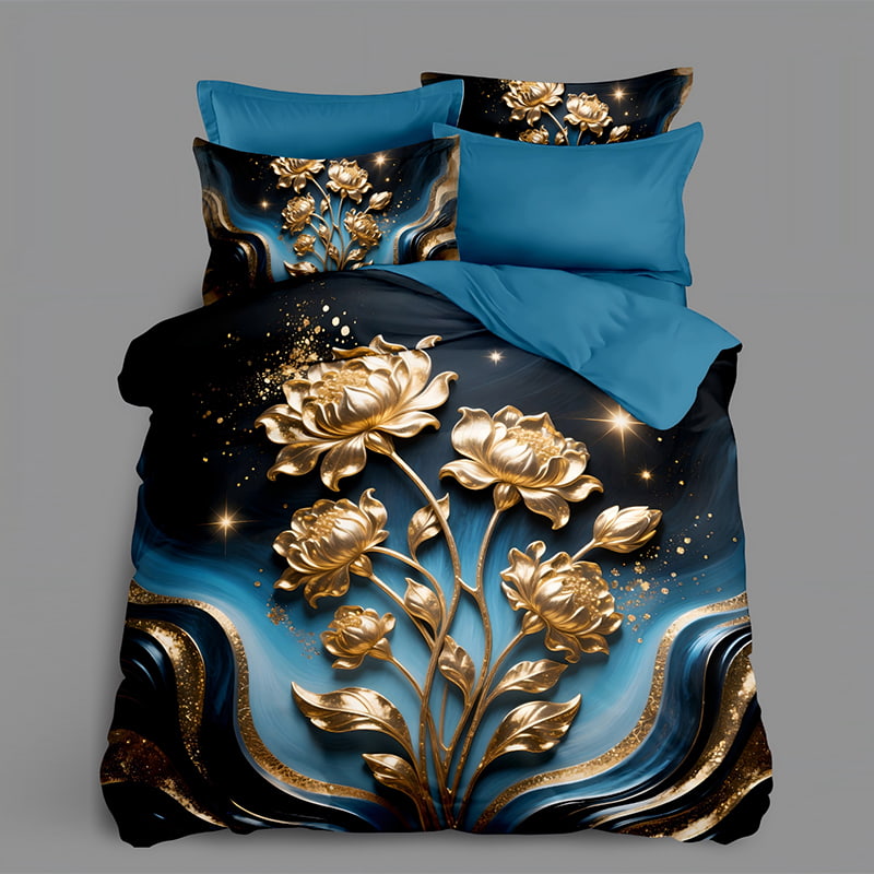 5D Floral Digital Print Bedding Set -Luxurious Gold Lotus
