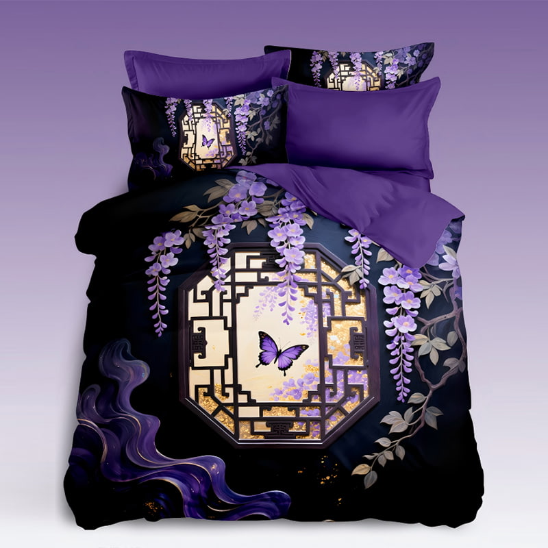 5D Floral Digital Print Bedding Set - ‌Purple Wisteria & Butterfly